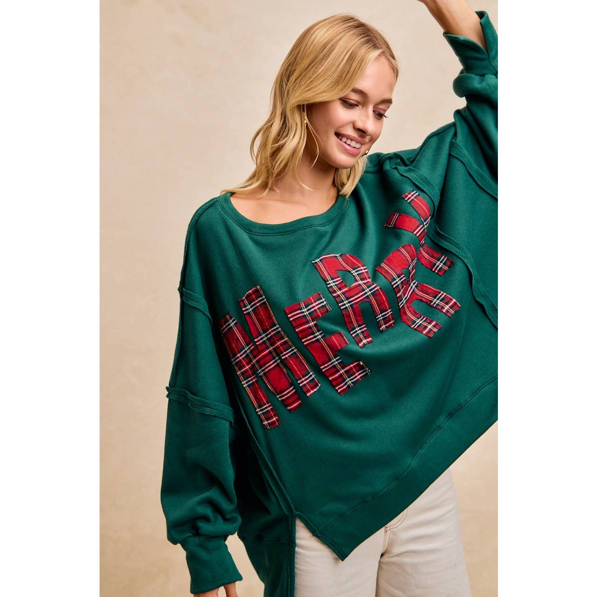 CHRISTMAS PLAID MERRY LETTERING FLEECE SWEATSHIRT