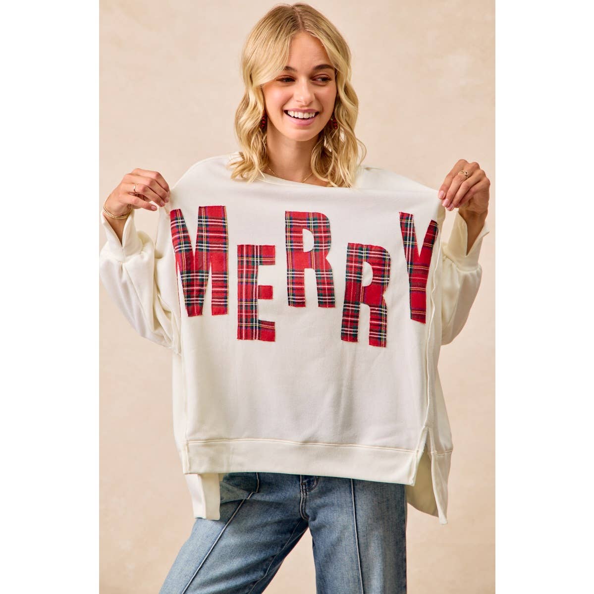 CHRISTMAS PLAID MERRY LETTERING FLEECE SWEATSHIRT