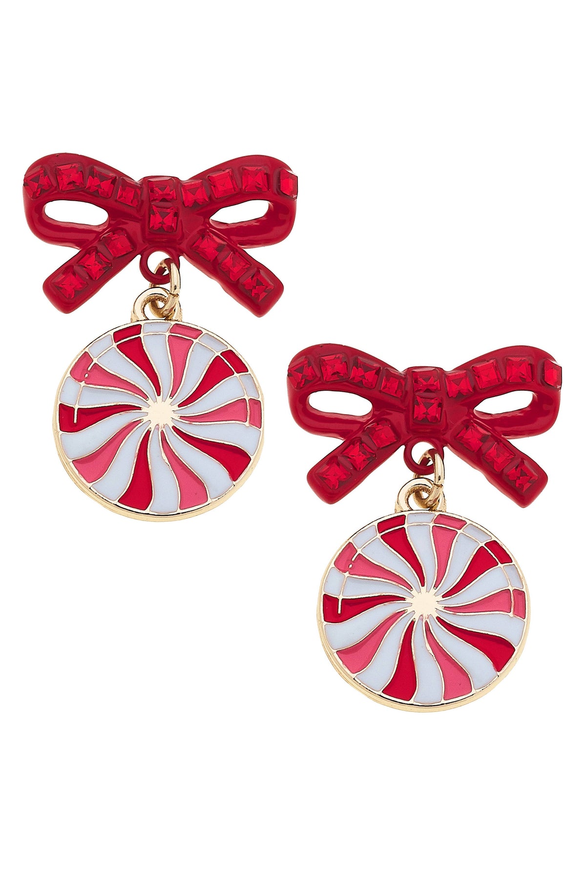 Pave Peppermint Bow Earrings in Red &amp; White