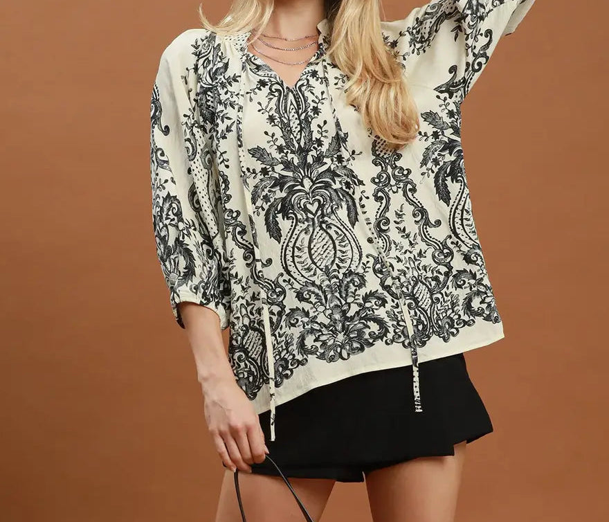 Boho Border Print Tie Neck Blouse