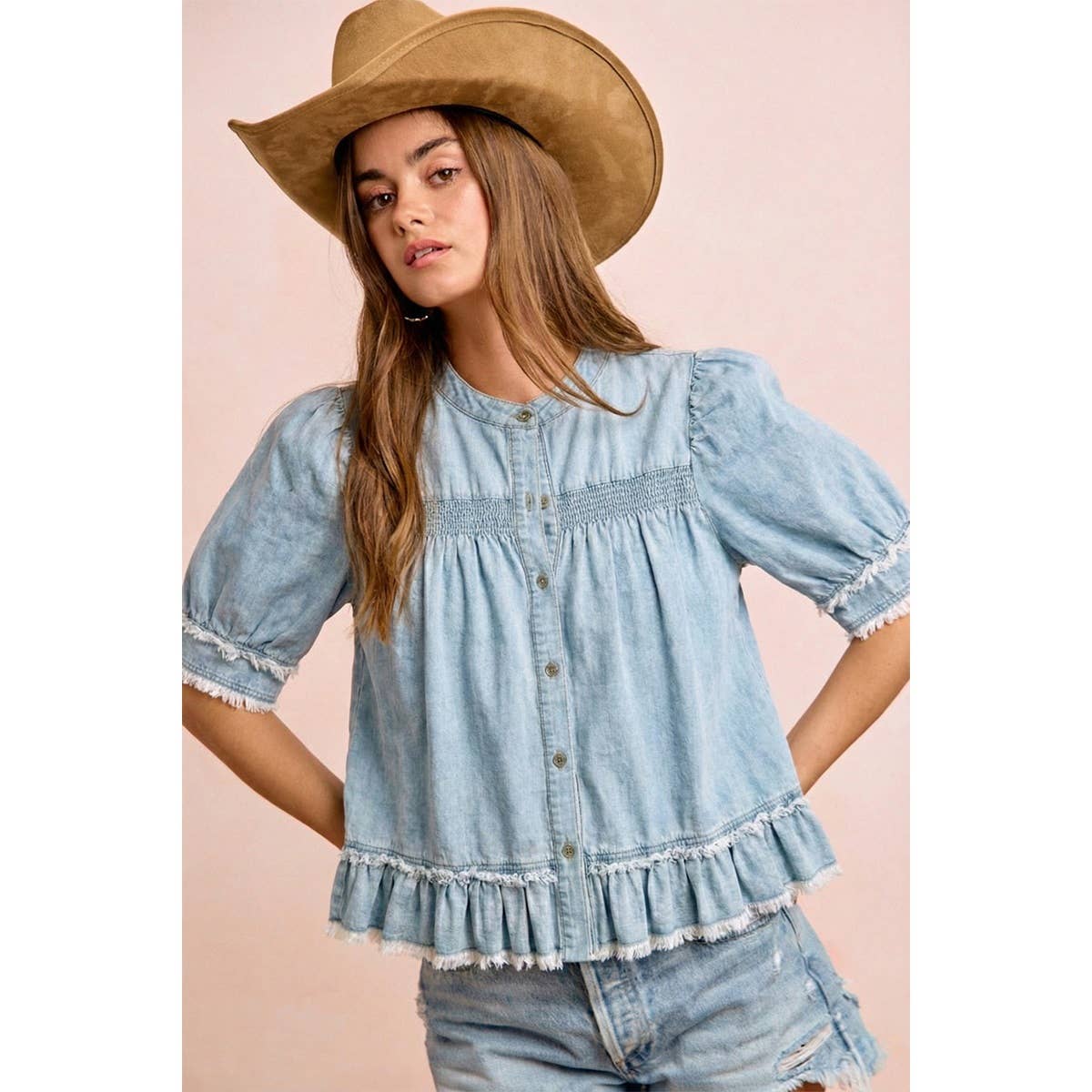 WASHED LIGHT DENIM SMOCKED DETAIL RUFFLED HEM TOP