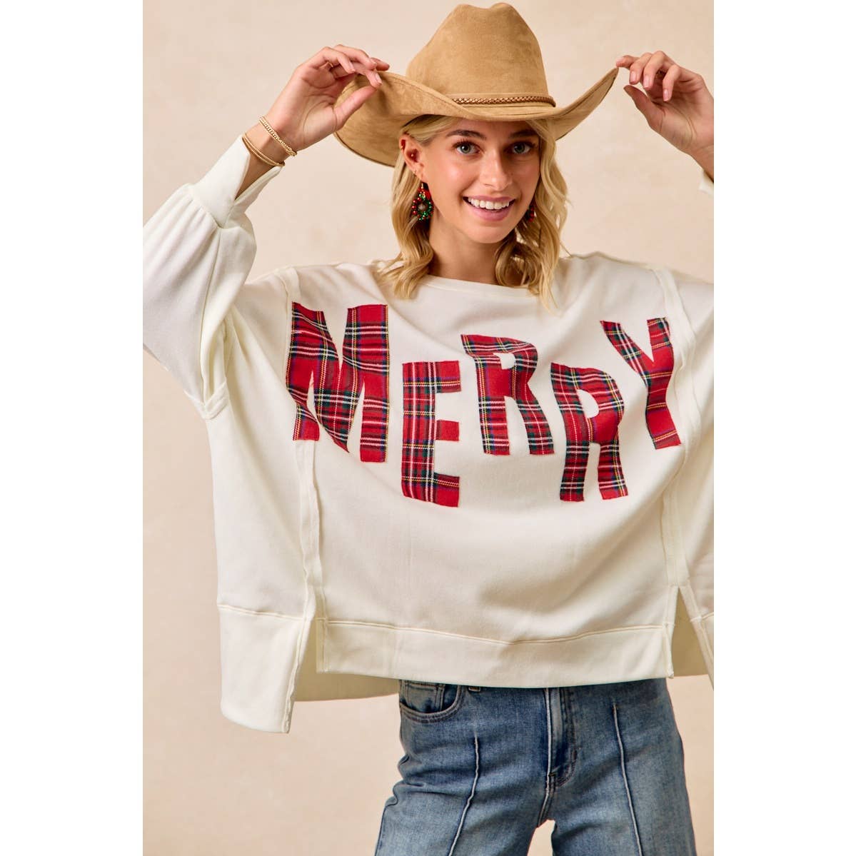CHRISTMAS PLAID MERRY LETTERING FLEECE SWEATSHIRT