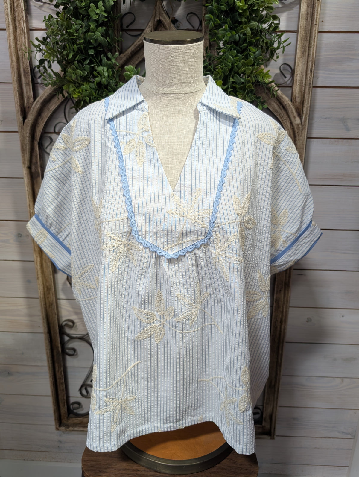 embroidered Blouse with Scallop Trim