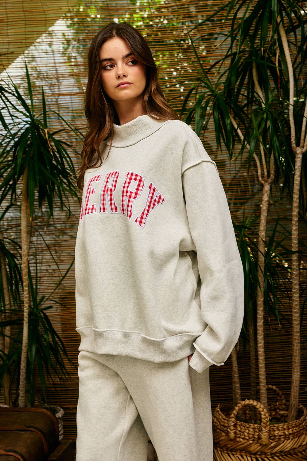 IT2594E-MERRYW | "MERRY" Varsity Mock Neck Sweatshirt