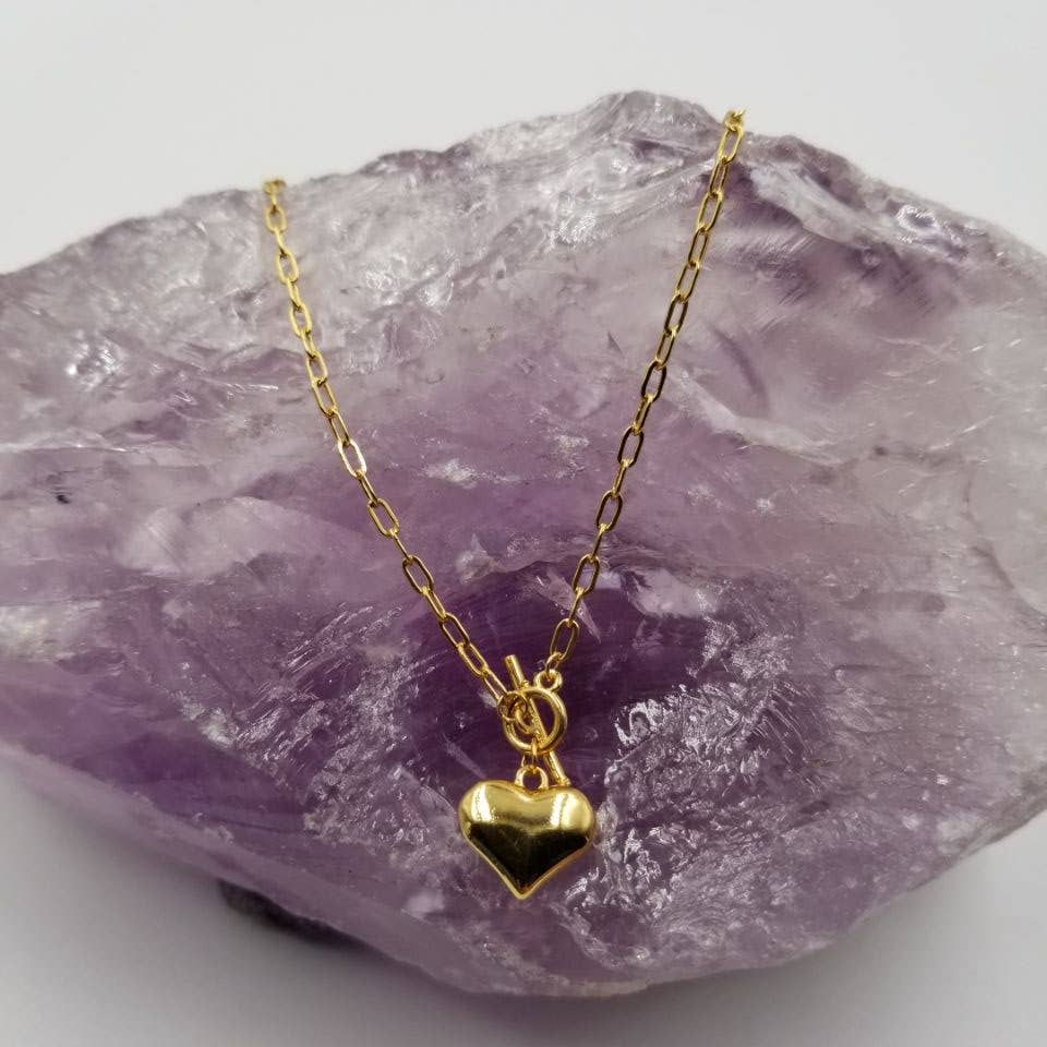 Gold Plated Puffy Heart Toggle Necklace