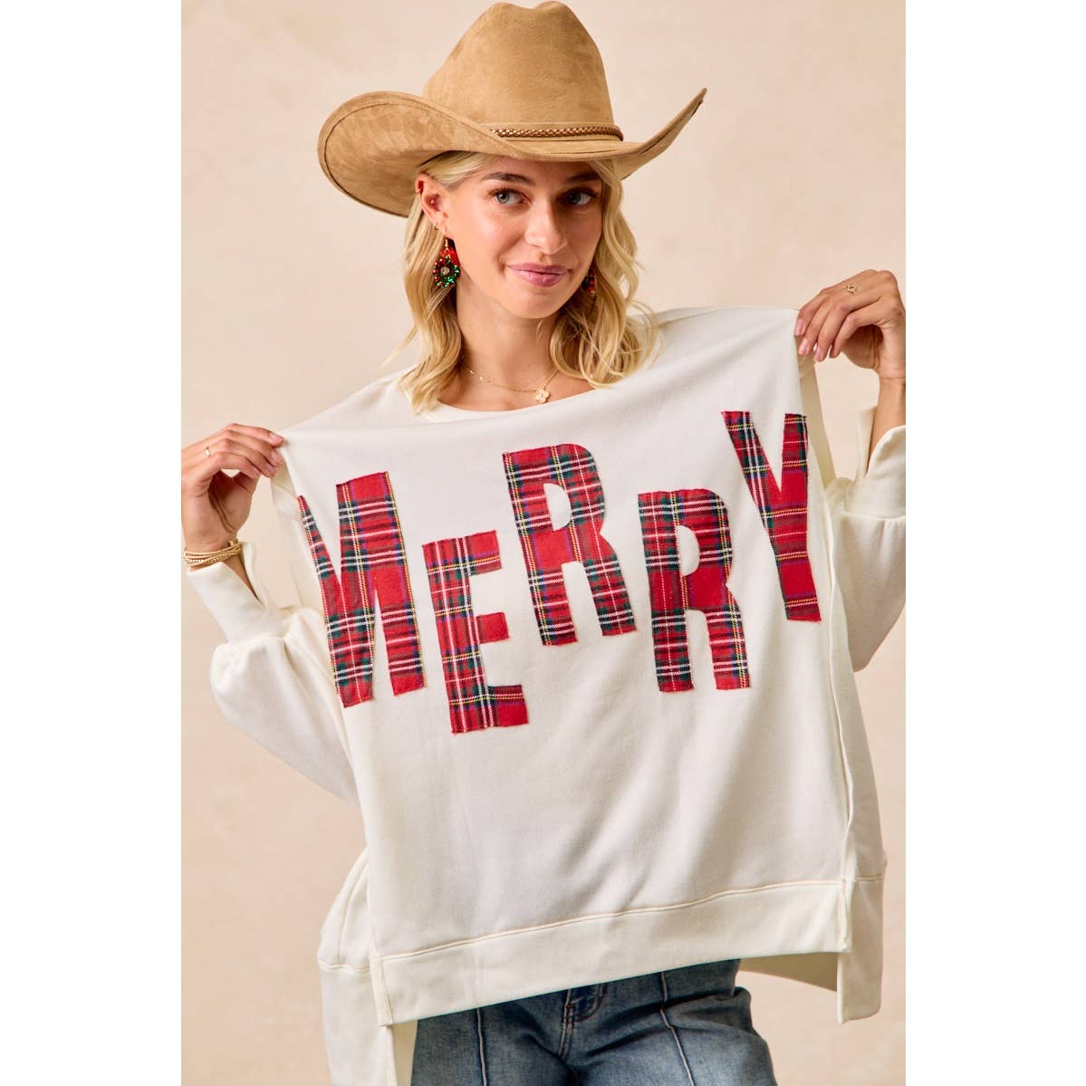 CHRISTMAS PLAID MERRY LETTERING FLEECE SWEATSHIRT
