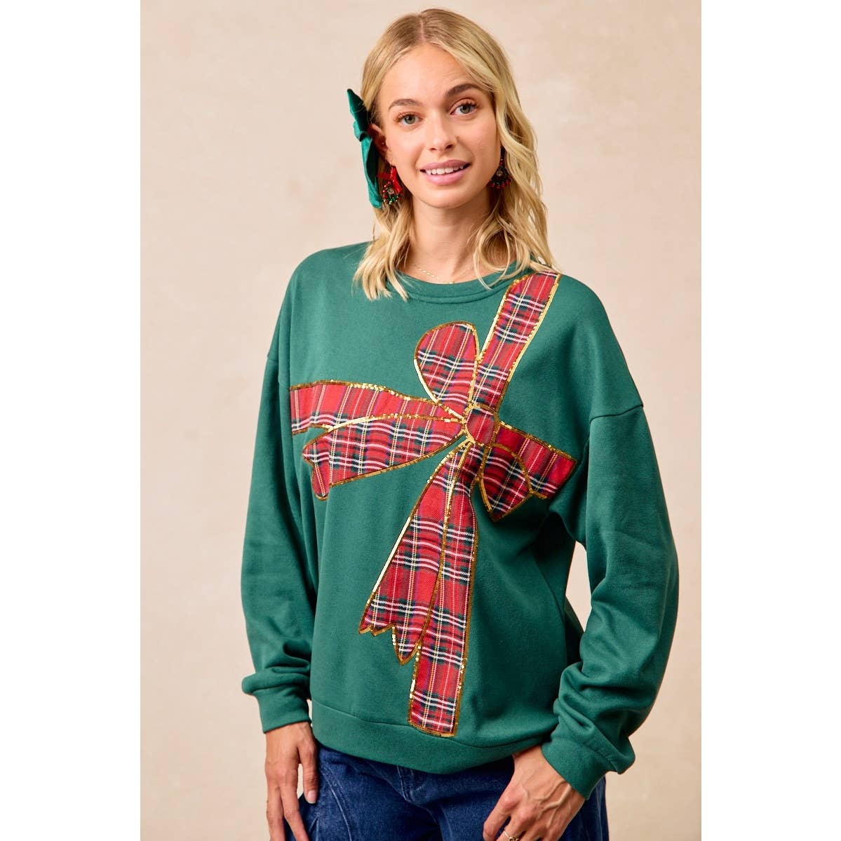 PLAID RIBBON BOW DETAIL PULLOVER