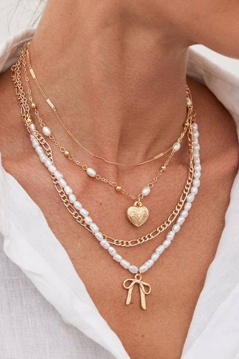 BEAUTIFUL BOW PEARL HEART PENDANT LAYERED NECKLACE