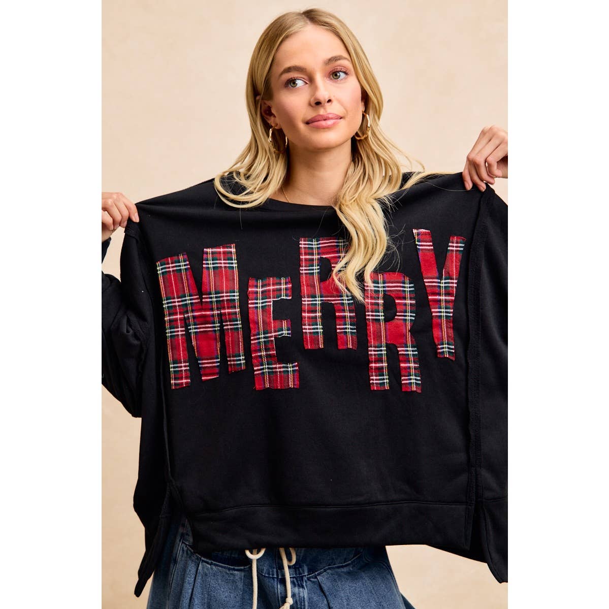 CHRISTMAS PLAID MERRY LETTERING FLEECE SWEATSHIRT