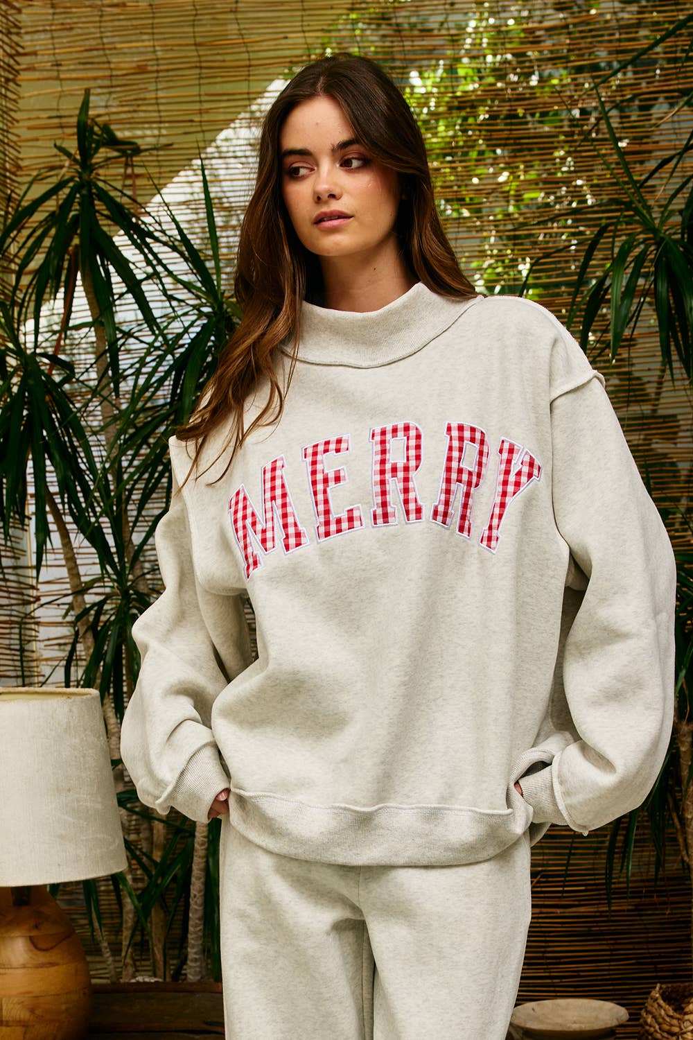 IT2594E-MERRYW | "MERRY" Varsity Mock Neck Sweatshirt