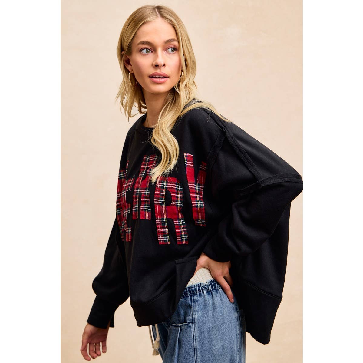 CHRISTMAS PLAID MERRY LETTERING FLEECE SWEATSHIRT