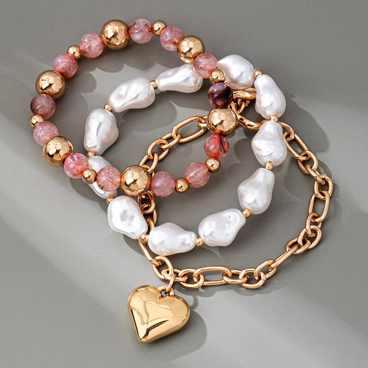 MULTI LAYER MIXED PEARL BEAD HEART CHARM BRACELET