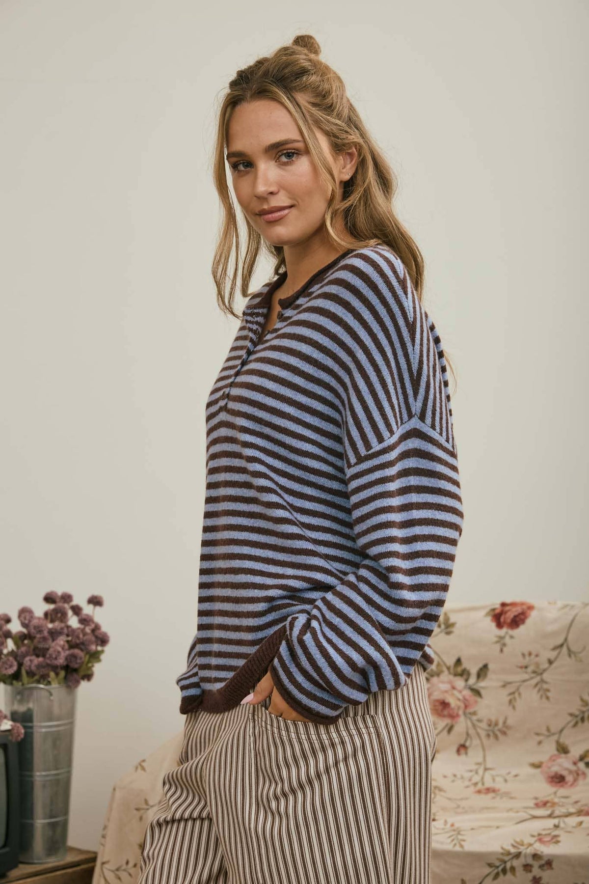 BUTTON HENLEY STRIPE LONG SLEEVE DROP SHOULDER SWEATER