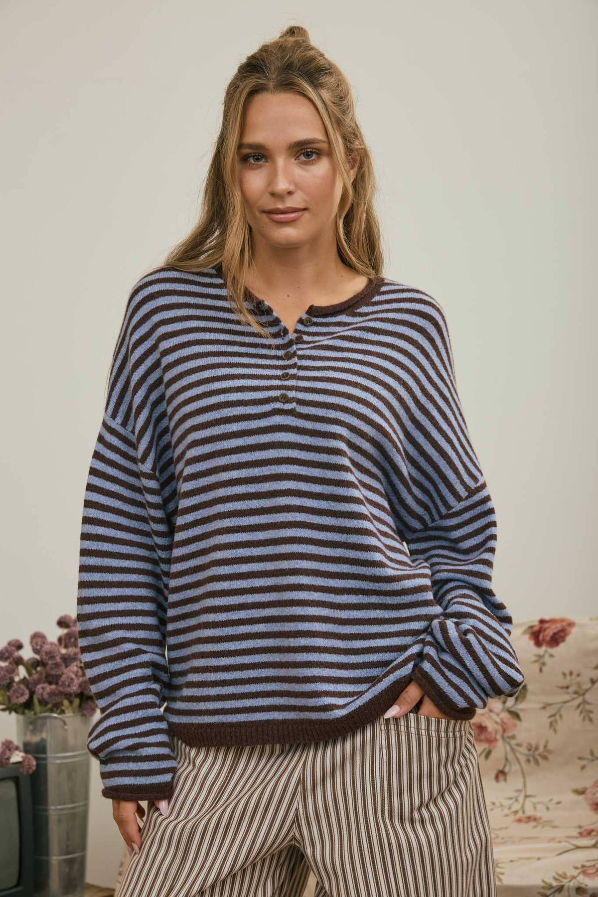 BUTTON HENLEY STRIPE LONG SLEEVE DROP SHOULDER SWEATER