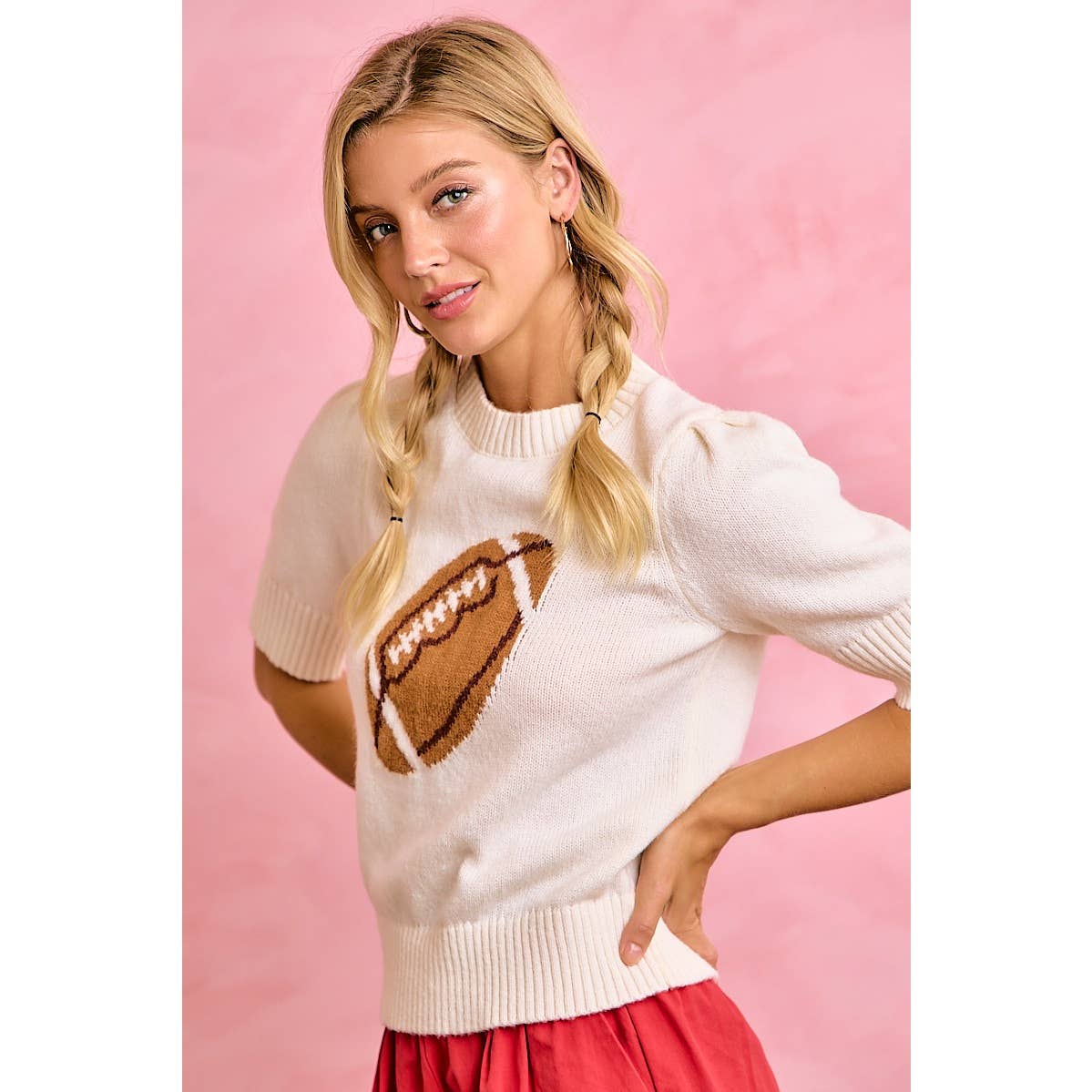 GAMEDAY THEME PUFF SLEEVES HALF SLEEVES KNIT TOP