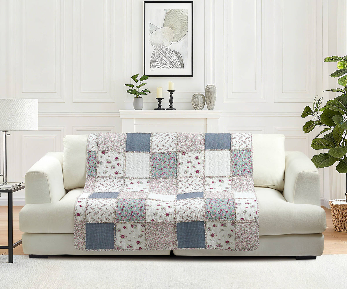 "Blue with Roses Patchwork"  Quilted Throw Blanket 50"x60"