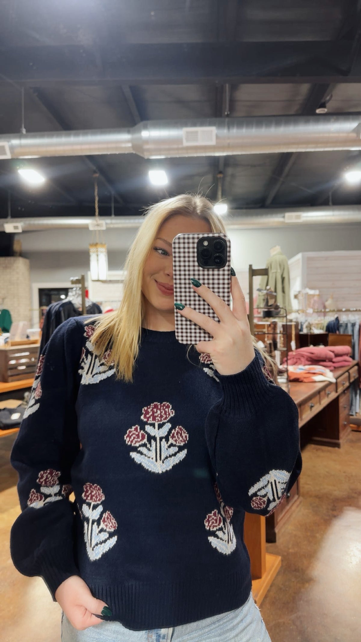 Floral knit sweater with puff sleeves