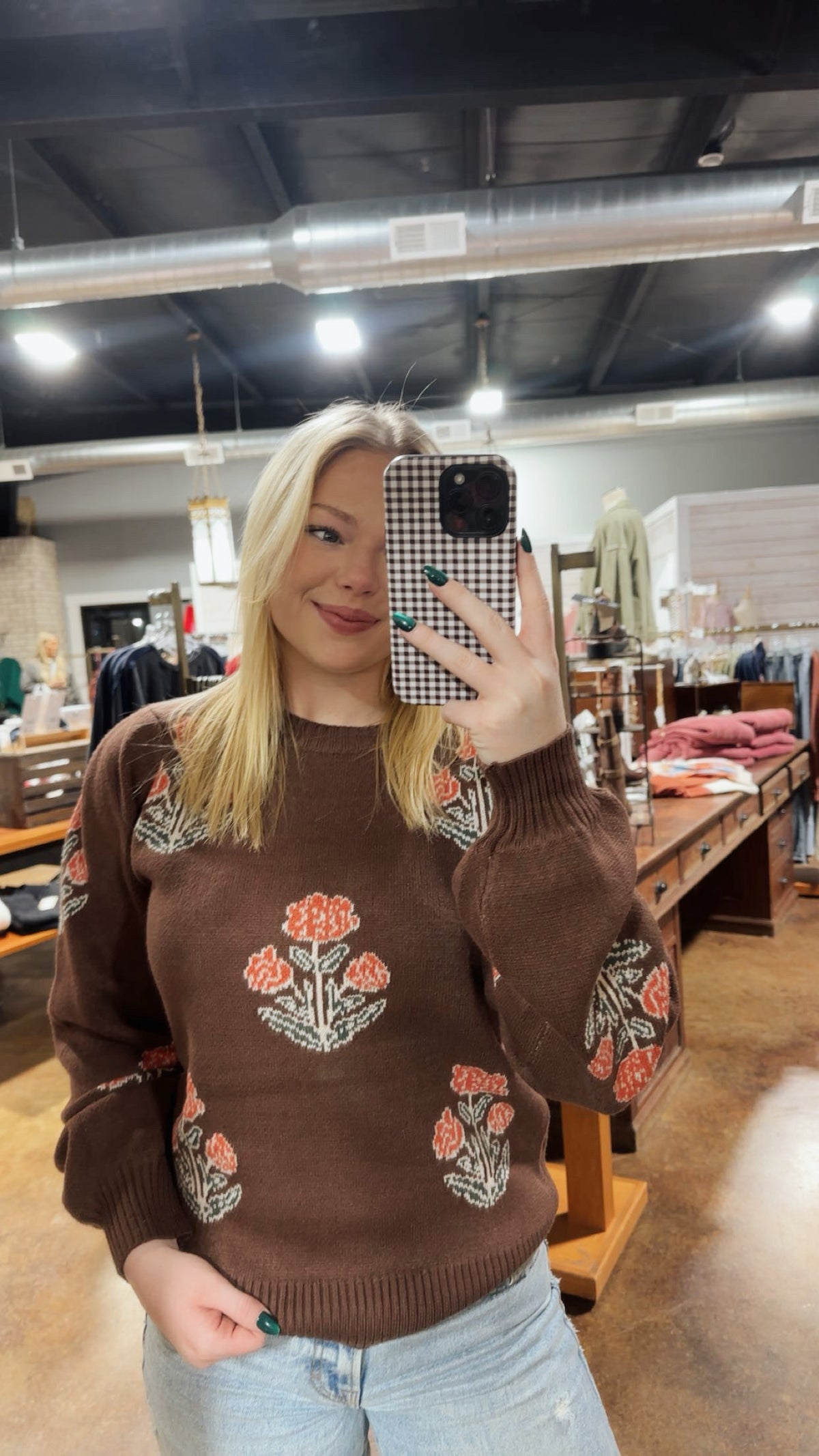 Floral knit sweater with puff sleeves