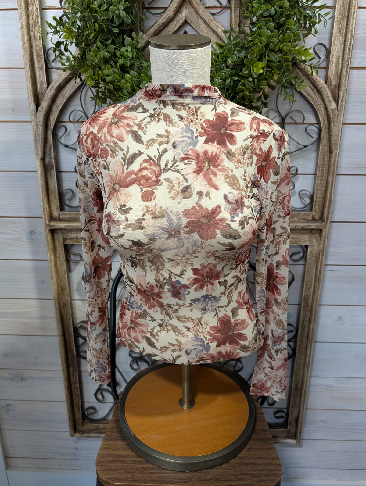 Floral Mock Neck Sheer LS Top