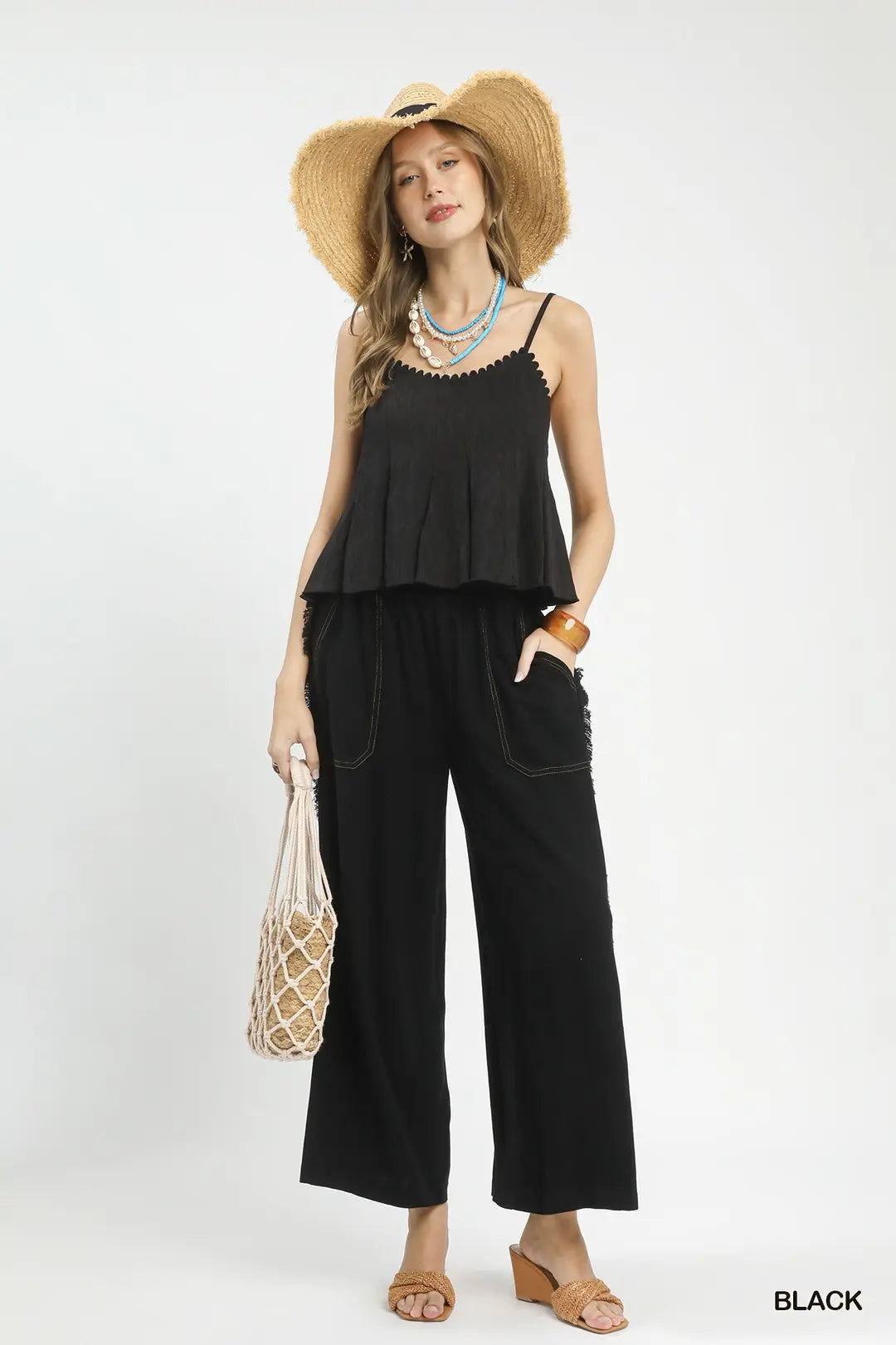 Linen Frayed Side Pocket Wide Leg Pant