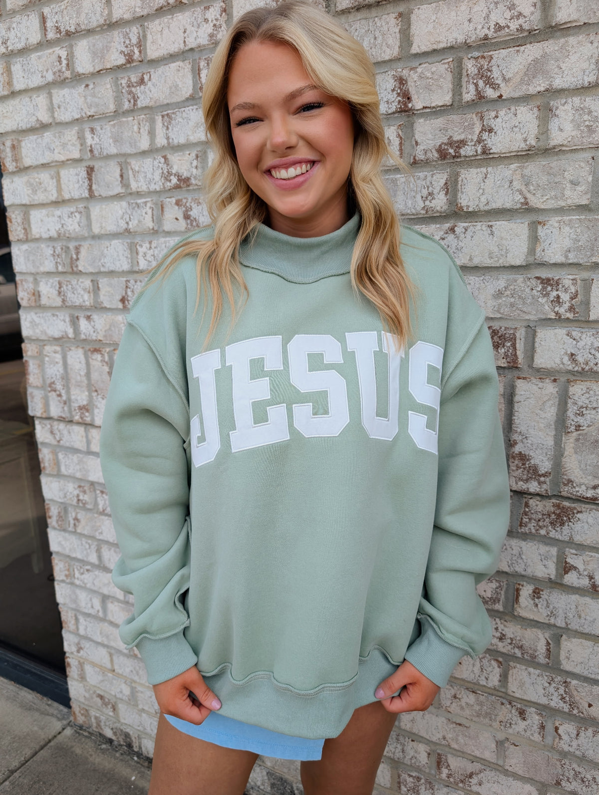 JESUS embroidered mock neck sweatshirt