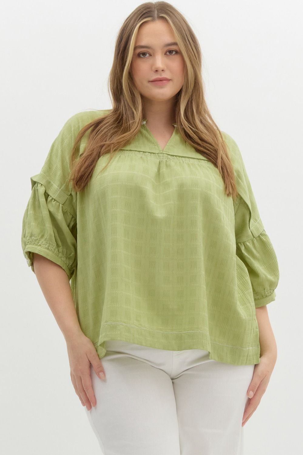 Textured V-neck 1/2 sleeve Top Plus