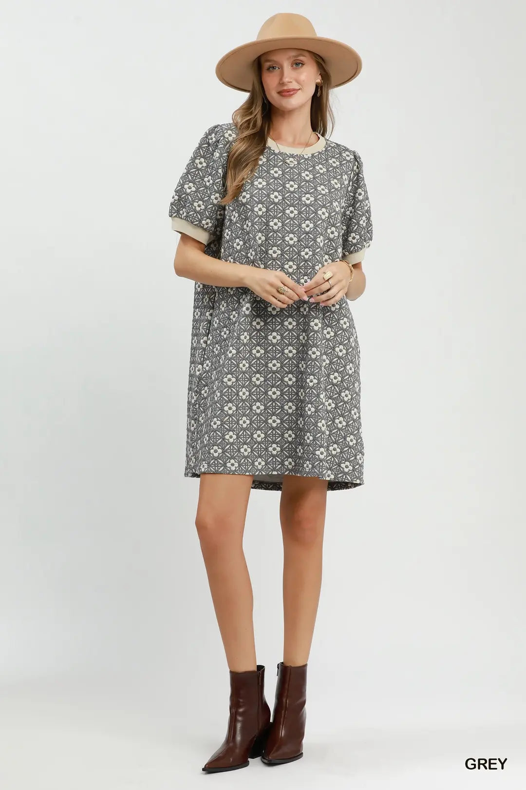 Floral Textured Puff Sleeve Mini Dress