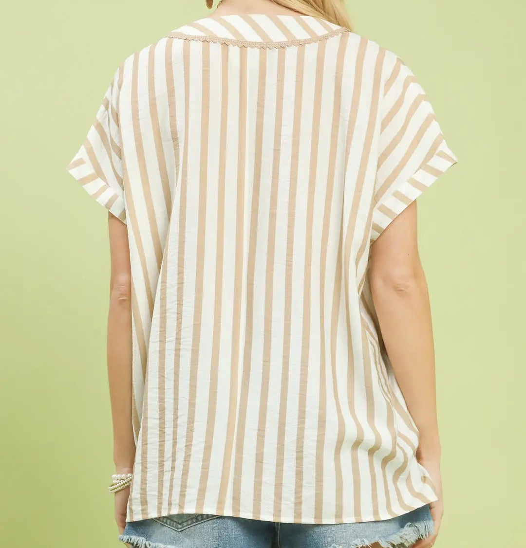 Mixed Stripe Split Neck Oversized Top