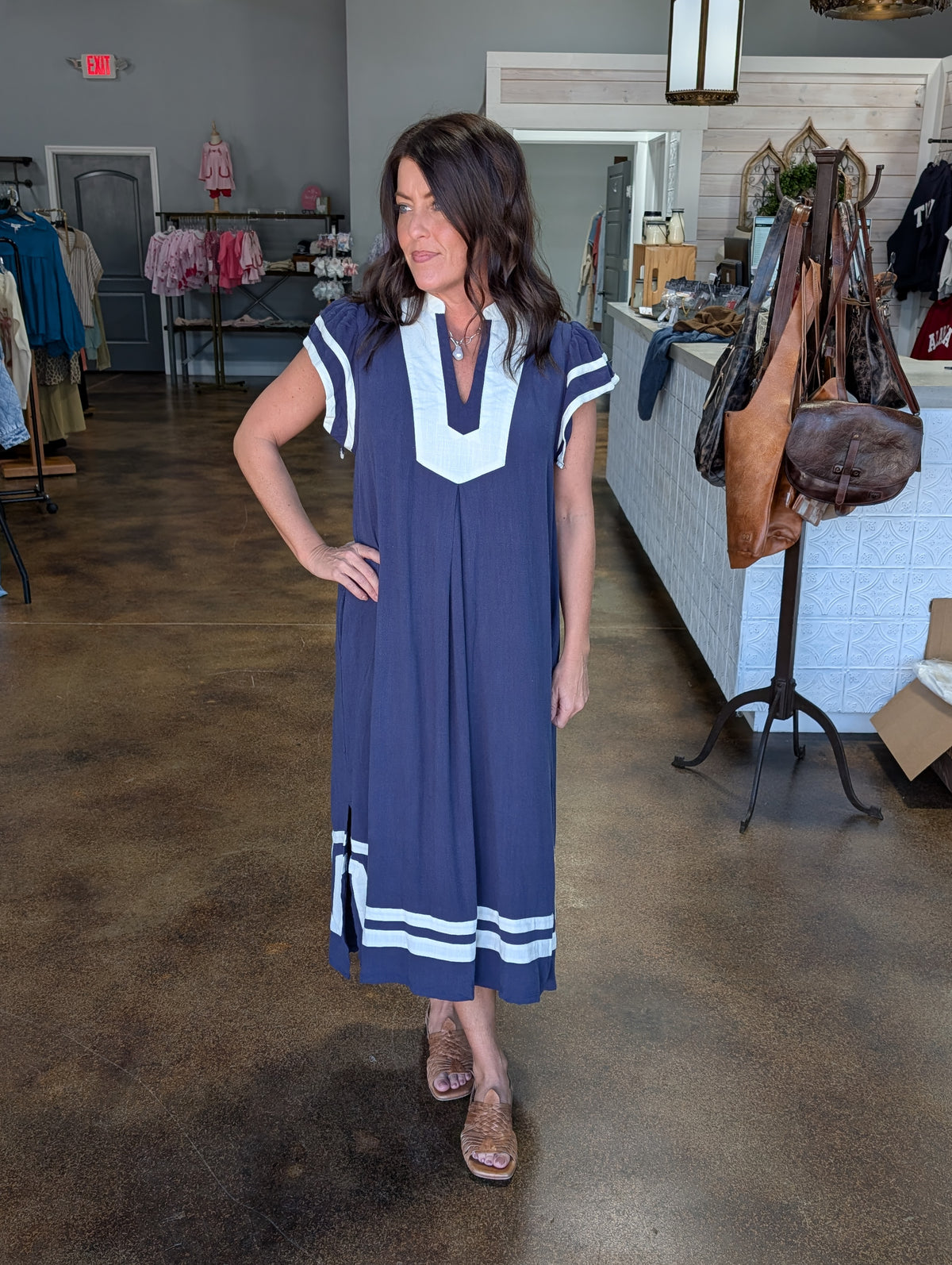 Linen Cotton Contrast Neckline Midi Dress Plus