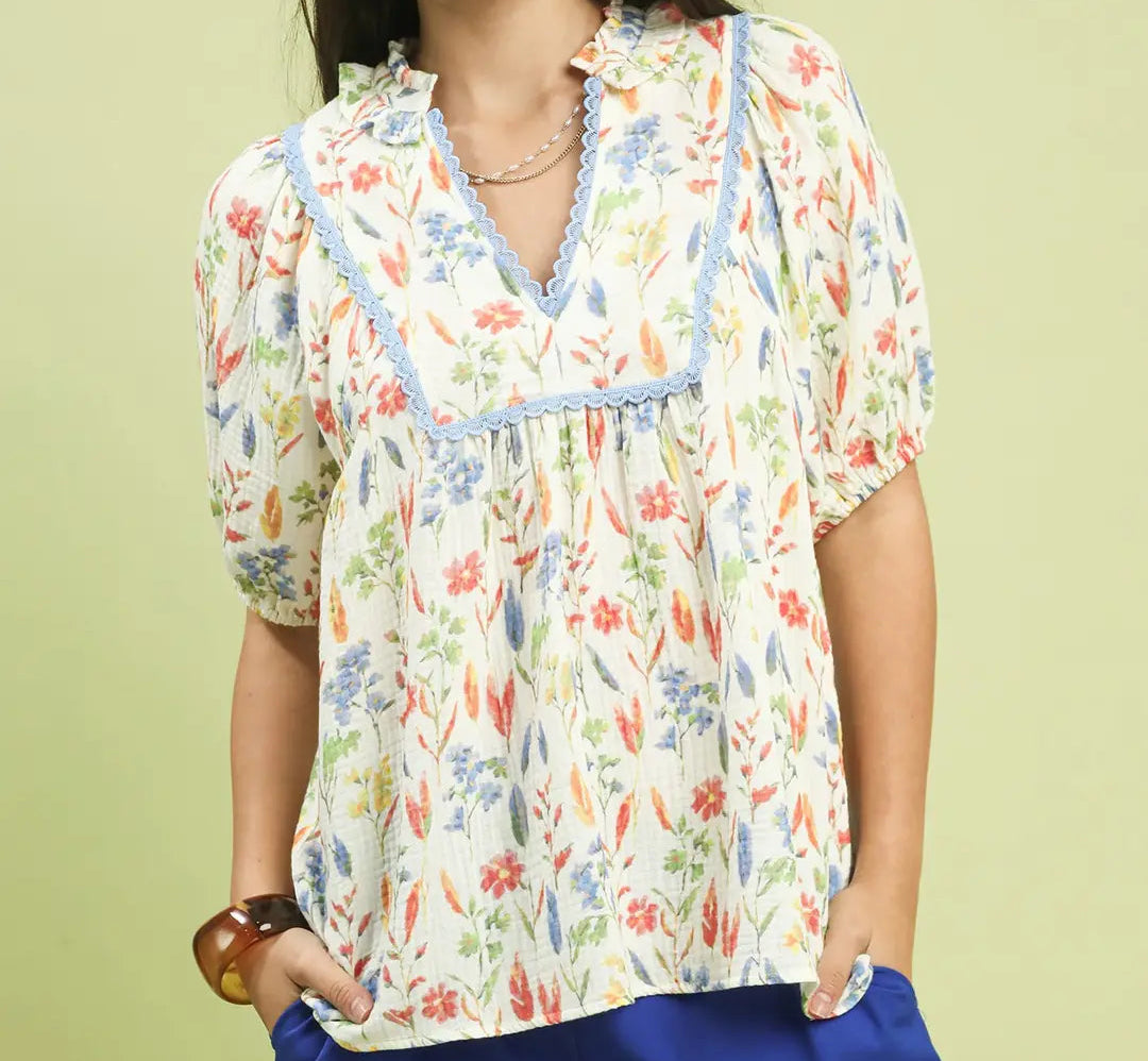 Multi Watercolor Floral Lace Trim Top