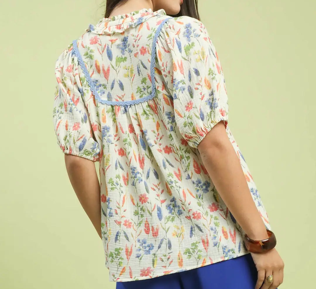 Multi Watercolor Floral Lace Trim Top
