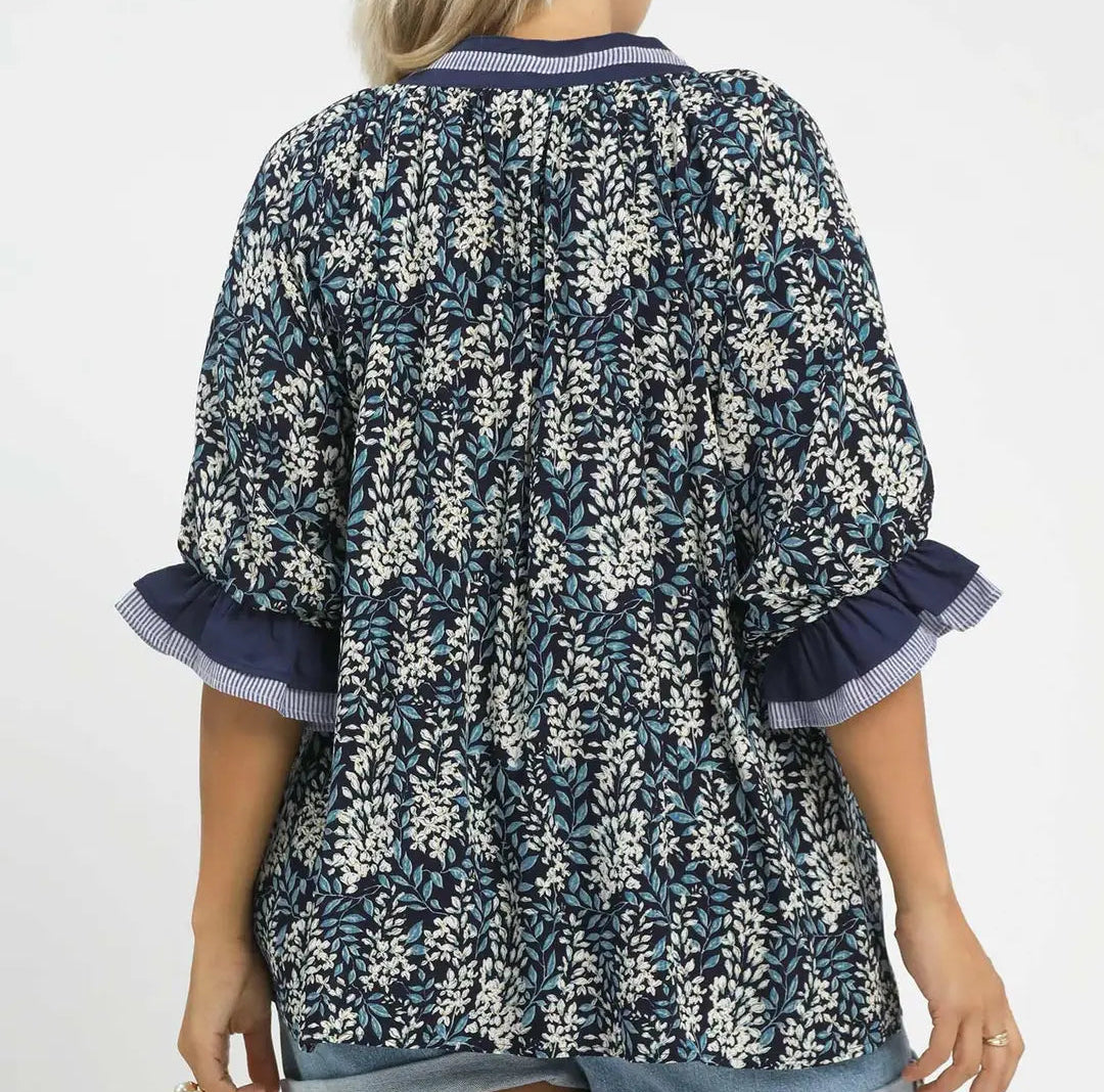 Navy Spring Burst Print V-Neck Top Plus