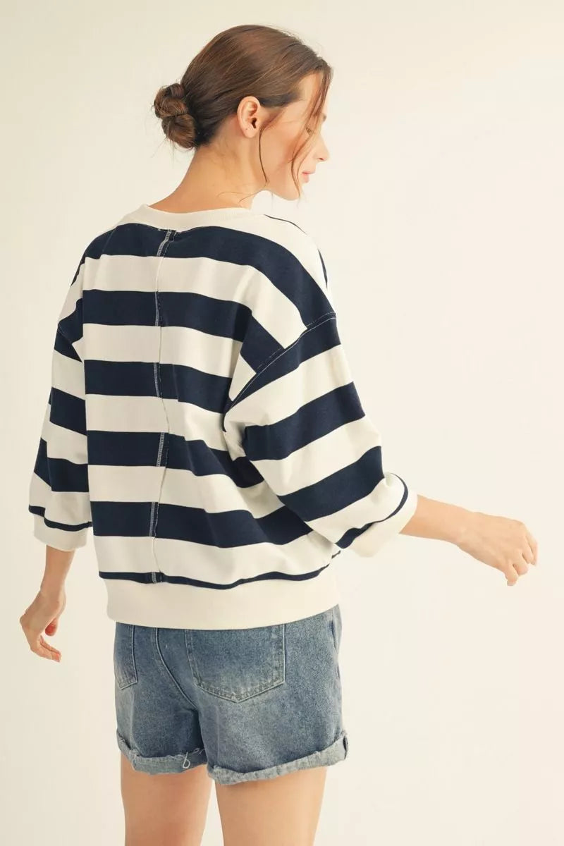 Drop shoulder 3/4 sleeves bold stripe casual top with V-notch