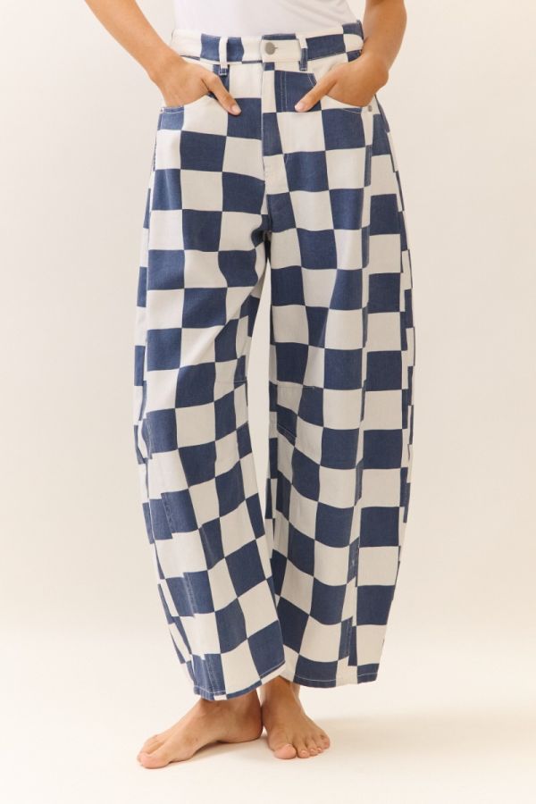 checkered printed barrel denim pants
