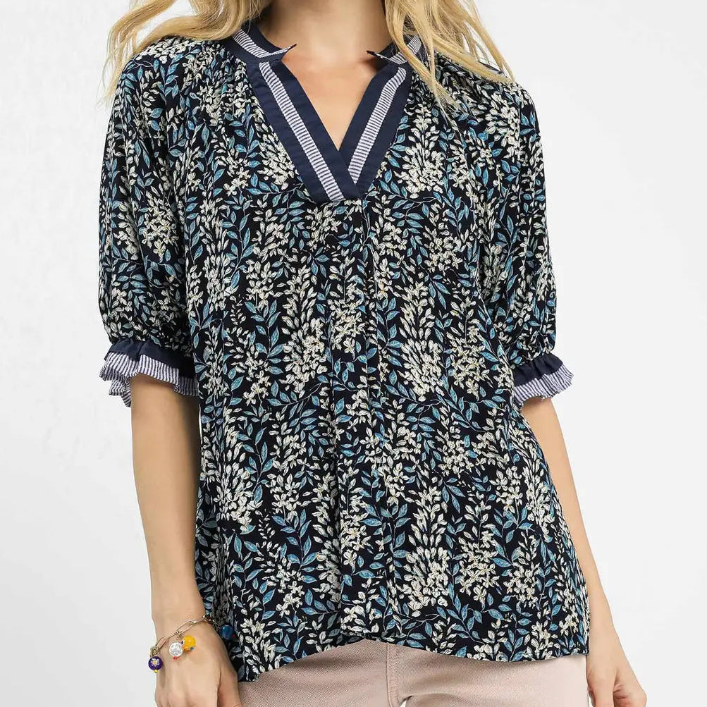 Spring Burst Print V-Neck Top