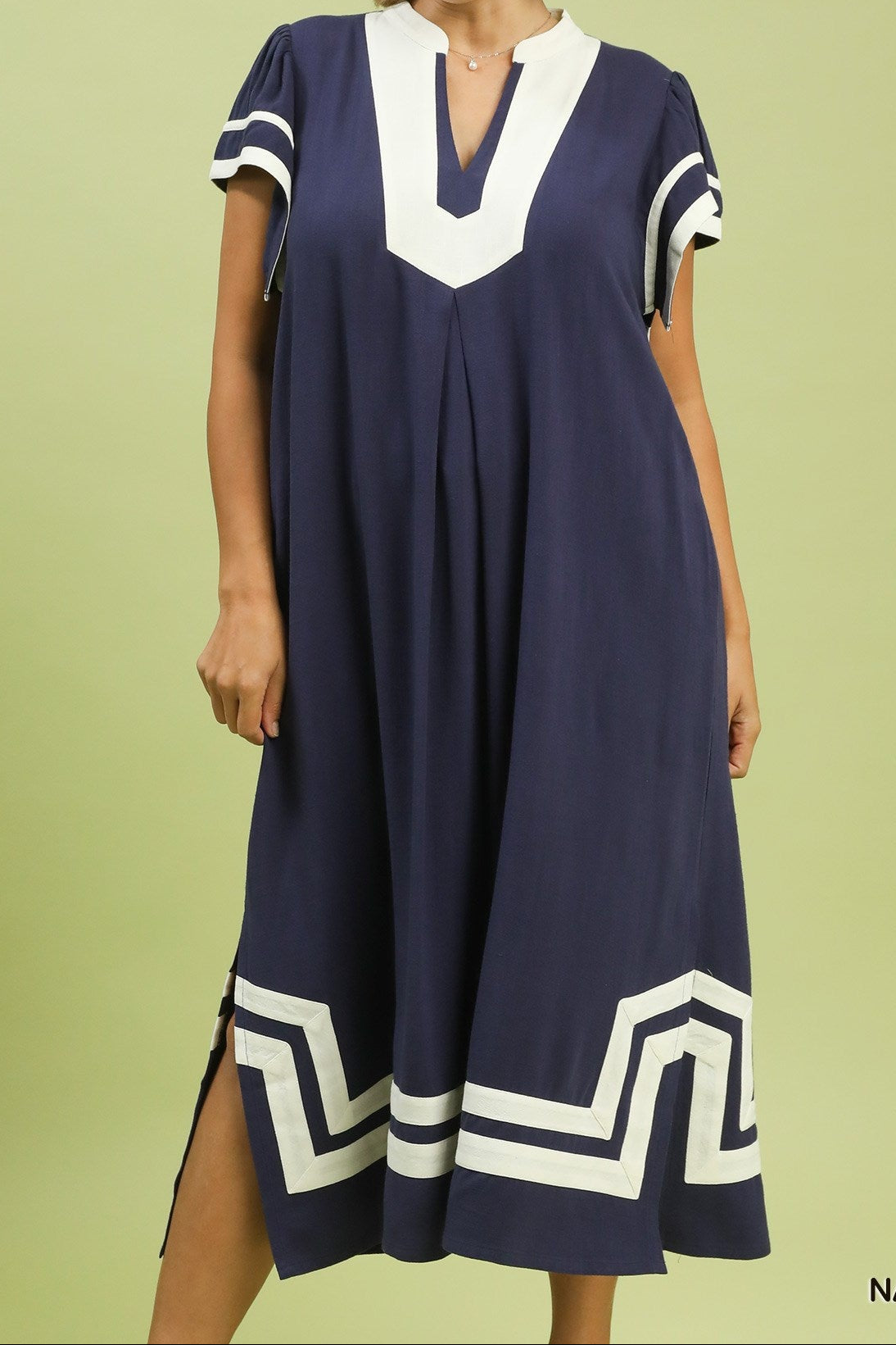 Linen Cotton Contrast Neckline Midi Dress Plus