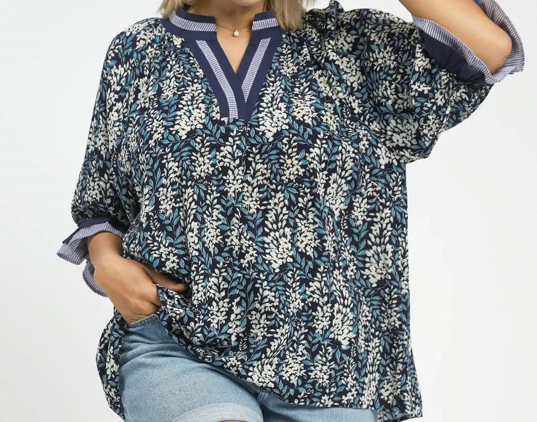 Navy Spring Burst Print V-Neck Top Plus