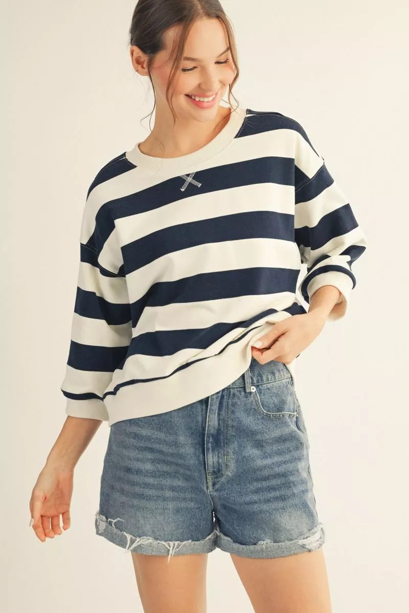 Drop shoulder 3/4 sleeves bold stripe casual top with V-notch