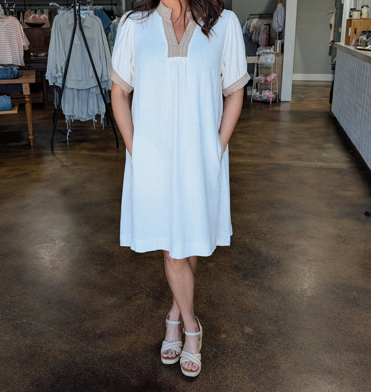 Linen Contrast Trim Puff Sleeve Shift Dress