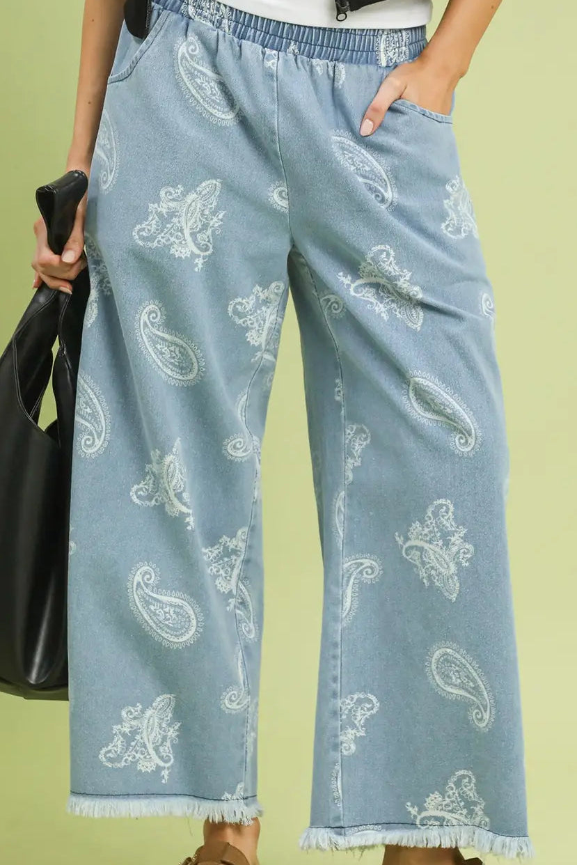 Denim Paisley Wide-Leg Pants
