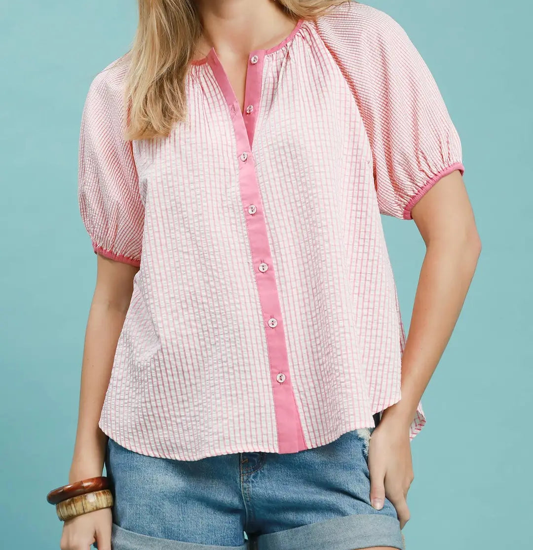Checker Puff Sleeve Button Front Blouse