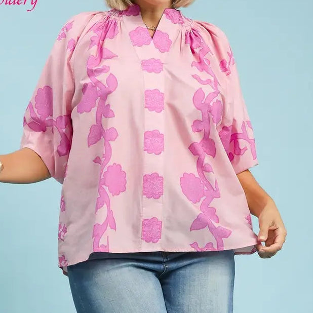 Print Smocked Collared Top