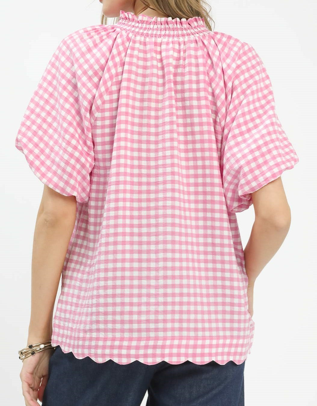 Gingham Bubble Sleeve V-neck Top