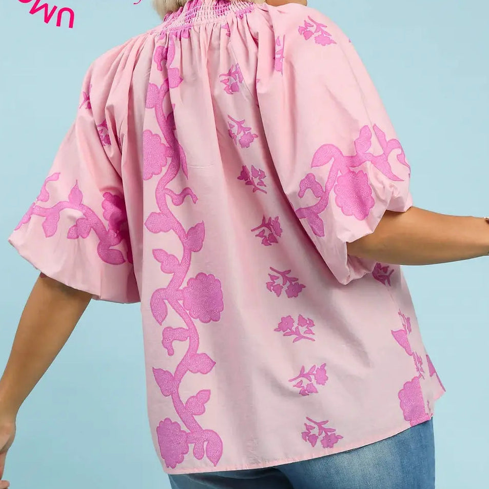 Print Smocked Collared Top