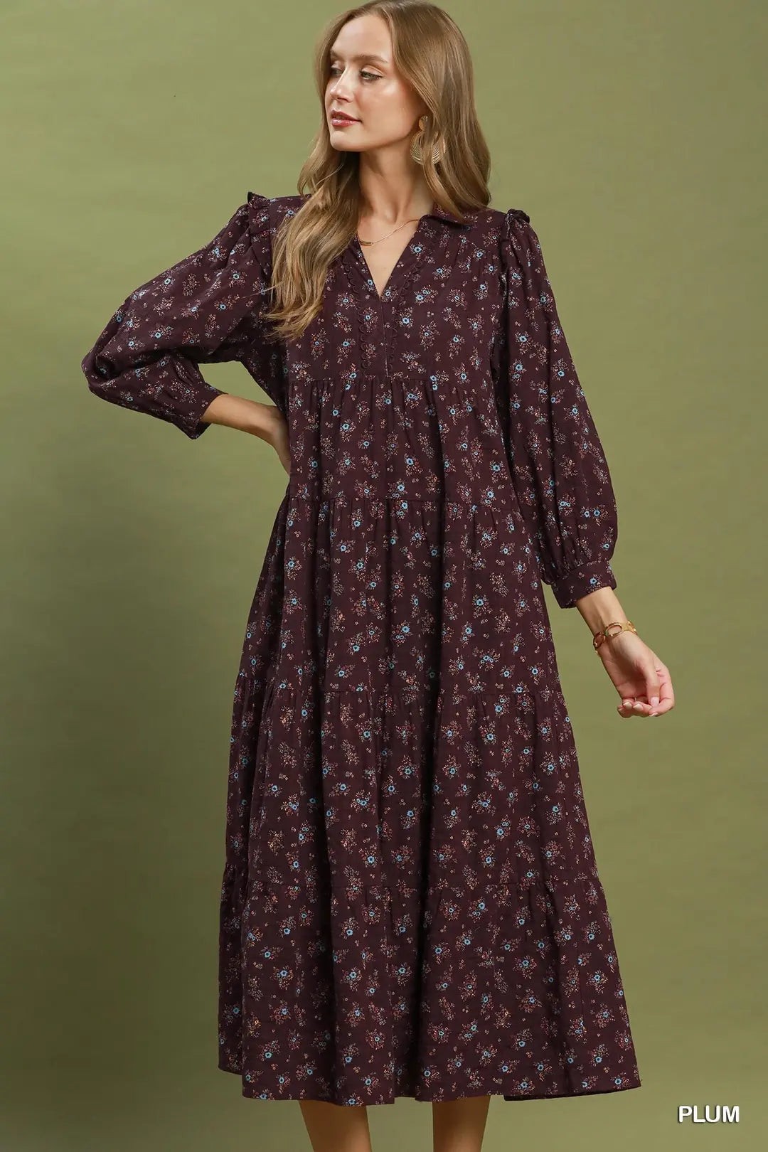 Floral Print Tiered Midi Dress with Puff Sleeves