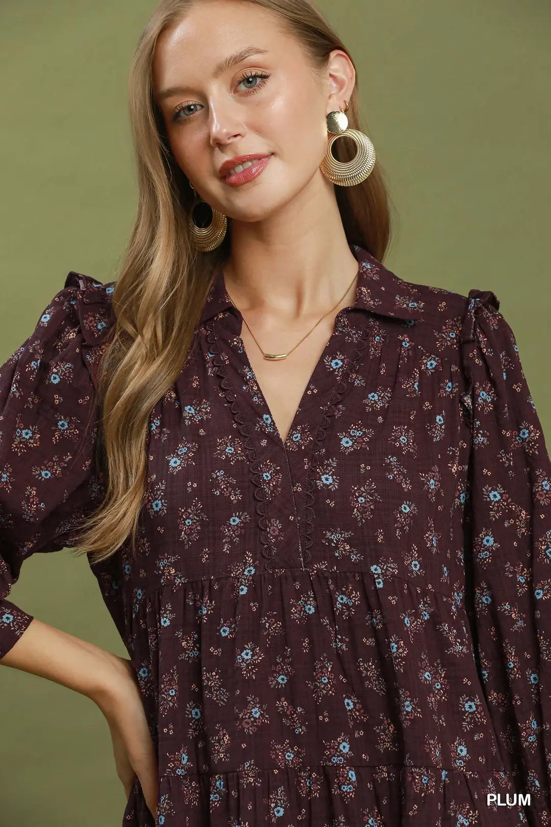 Floral Print Tiered Midi Dress with Puff Sleeves