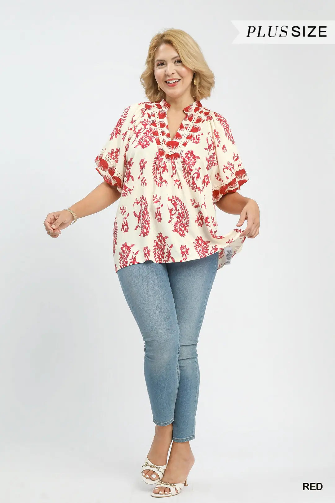 Boho Print top with Lace Trim