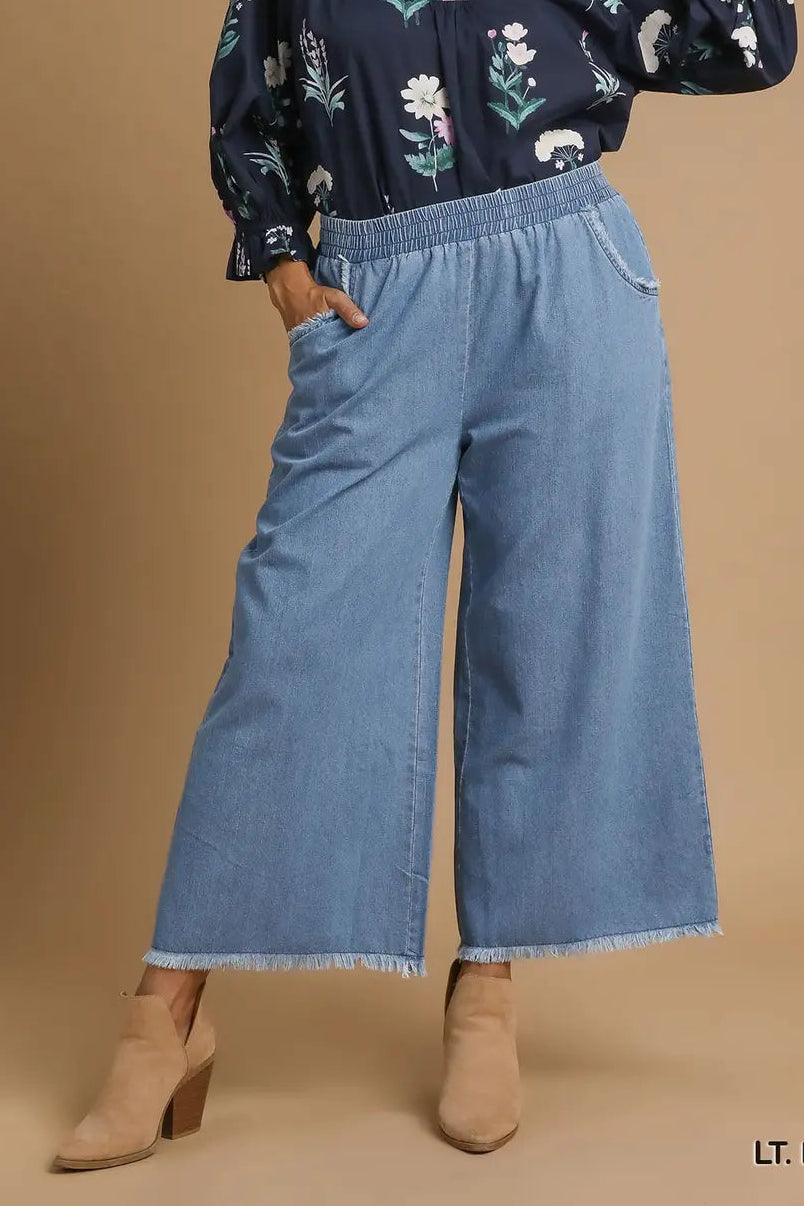 PLUS Washed Denim Pants with Fringe Hem