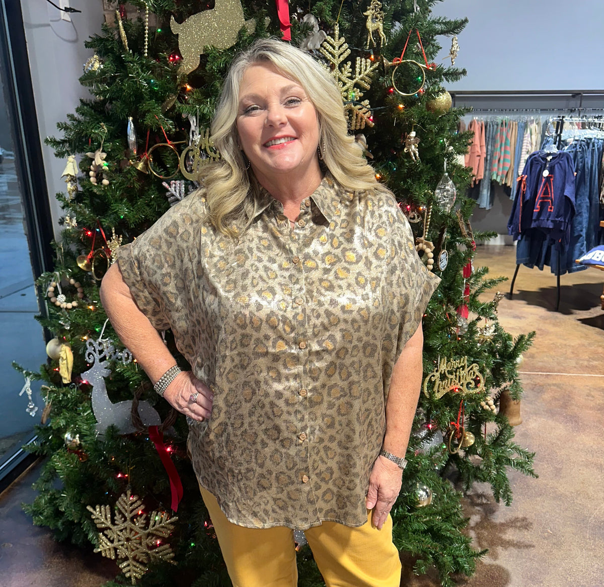 Plus leopard print collard button up top