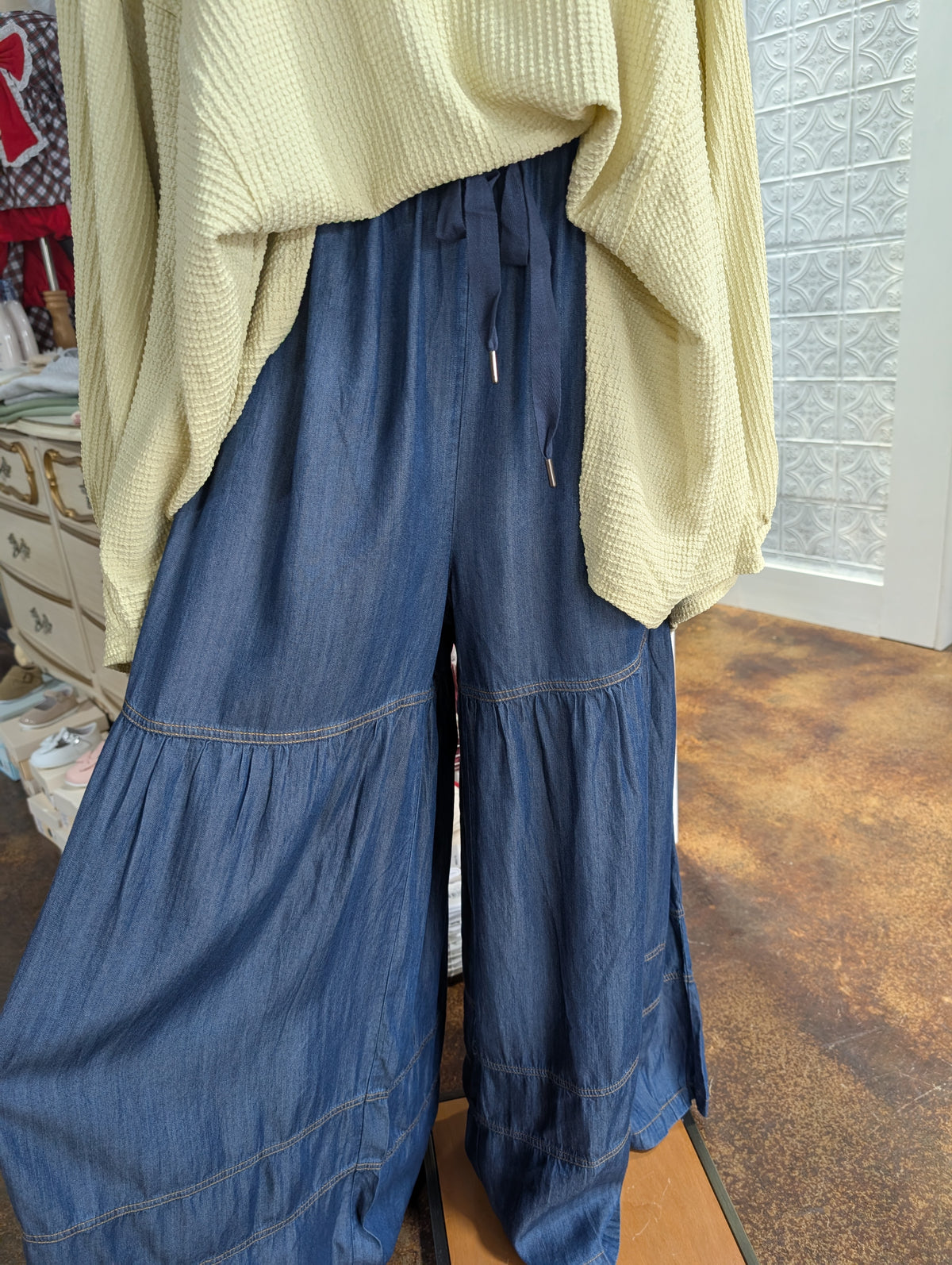 Plus washed denim Tiered Wide Leg Pants